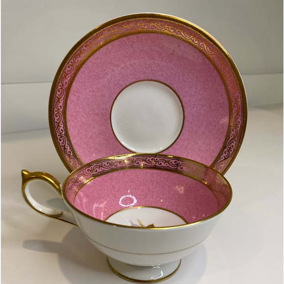 Vtg Aynsley Hand Painted Teacup and Saucer Pink Rose Pink Marble Like Gold Trim - Picture 8 of 10